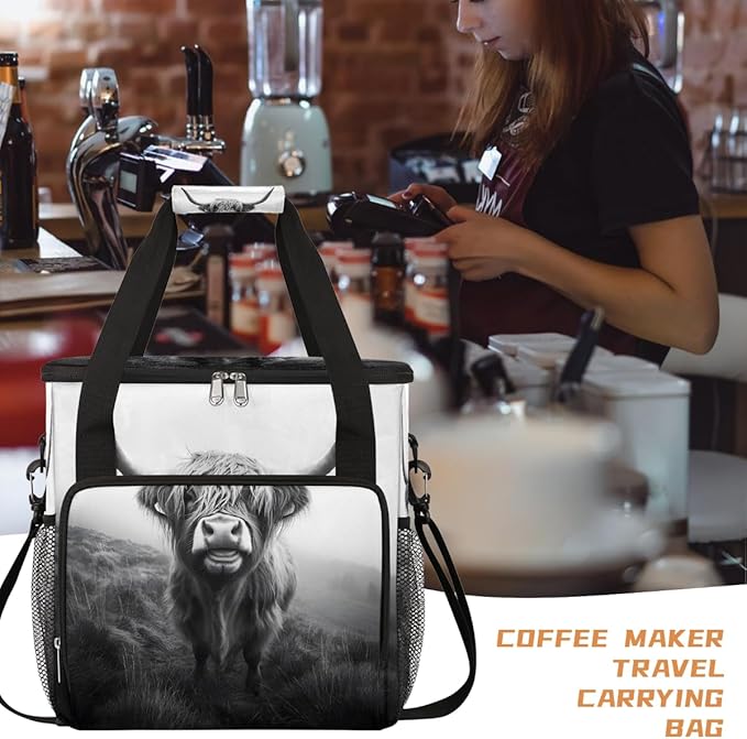 Alpine Cattle Black White Grassland Coffee Maker Carring Bag Travel Carrying Storage Tote Bag Compatible with Keurig K-Mini or K-Mini Plus Portable Single Serve Coffee Brewer Case with Pockets