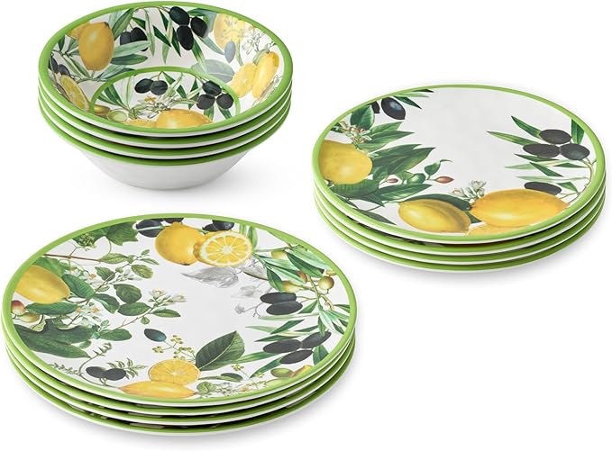 Limone 12-Piece Melamine Dinnerware Set - Citrus-Inspired Service for 4 Durable Shatterproof Dishwasher-Safe Plates and Bowls for Everyday Dining Outdoor Use and Entertaining