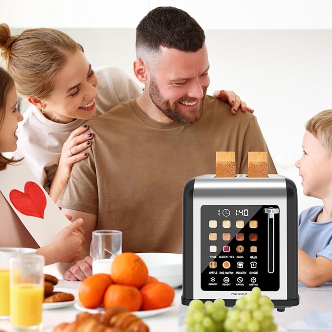 2 Slice Toaster Touch Screen Stainless Steel Toasters Digital Timer 2 Slot Toasters 8 Shade Settings 6 Bread Types for Bagel Cancel Defrost (Black)
