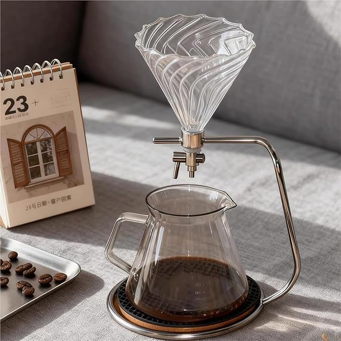 Pour Over Coffee Maker Glass Coffee Tea Brewer Pour Over Coffee Maker Glass 600 Ml with Stainless Steel Stand and Coaster Drip Filter Cup for Home or Office Makes 2-4 Cups.