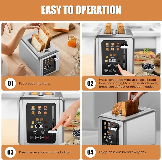2 Slice ToasterTouchscreen &amp Dual Independent Control Panel5 Basic Functions &amp Digital Countdown Toasters6 Shade Settings＆6 Bread TypesSmart Bread Maker Mute/Screen-OffTitanium