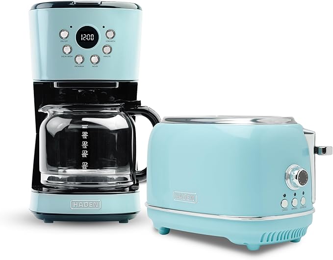 HADEN Heritage 12 Cup Programmable Vintage Retro Home Coffee Maker Machine with Heritage 2 Slice Wide Slot Stainless Steel Bread Toaster Turquoise
