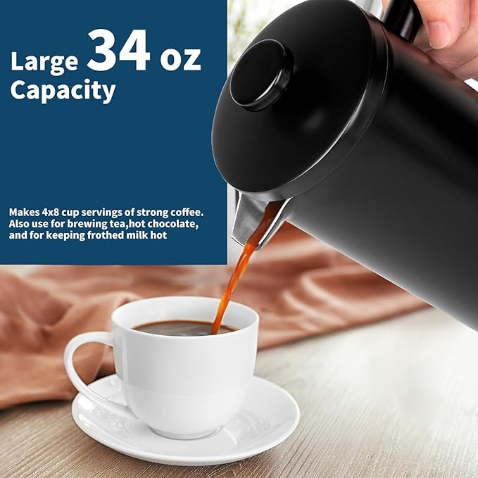 MERMOO YILAN French Press 34oz Insulated Stainless Steel Coffee Maker Unbreakable Coffee Press Easy to Clean for Home Camping Travel (Black)