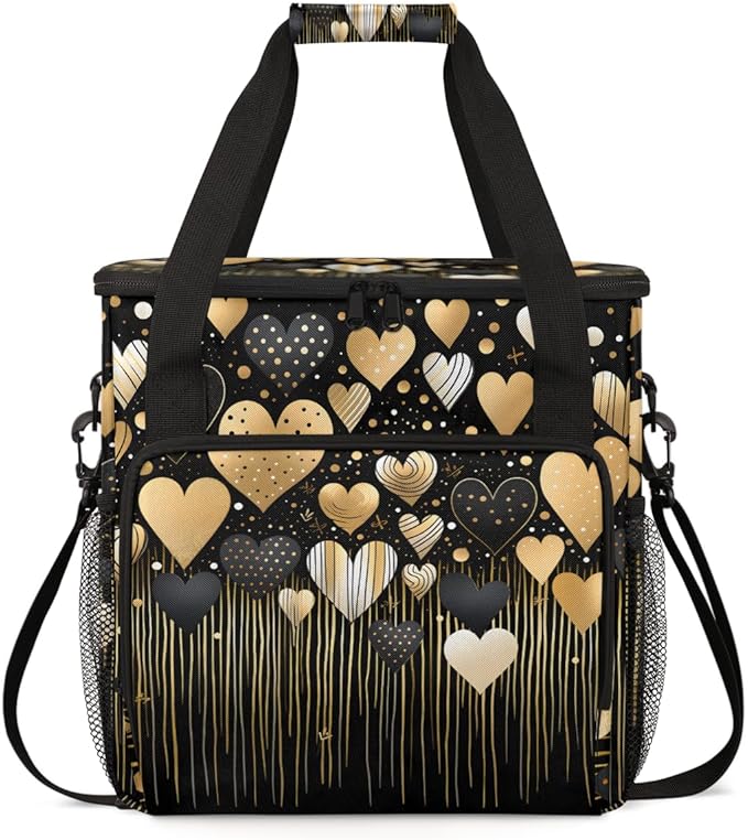 Gold Black Heart Coffee Maker Carrying Bag Portable Travel Storage Tote Bag Compatible with K-Mini or K-Mini Plus Single Serve Coffee Brewer Carrying Case with Multiple Pockets &amp Shoulder Strap
