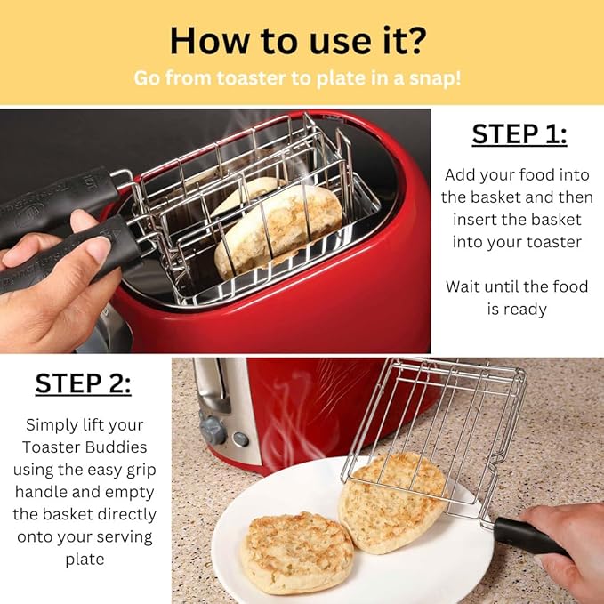 TOASTER BUDDIES 2-Piece Toaster basket Sandwich Racks 2 Slice-Toaster Compatible with allmost all pop-up toasters Toaster gadget Regular Black