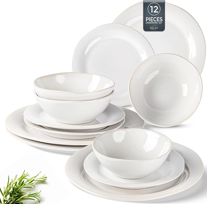 AmorArc Ceramic Dinnerware Sets Handmade Stoneware Reactive Glaze Plates and Bowls Set Scratch Resistant | Dishwasher &amp Microwave Safe Dishes Set Service for 4 (12pc)