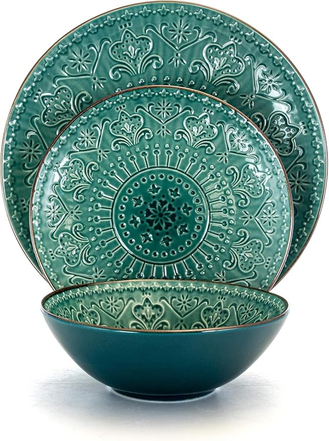 16 Piece Sea Foam Mosaic Stoneware Dinnerware Set – Textured Mandala Plates Complete Setting for 4