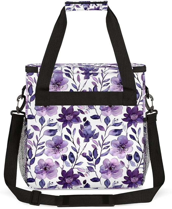 Flower Purple Coffee Maker Carring Bag Large Insulated Storage Organizer Case Tote Bags with Shoulder Strap for Travel Work Picnic