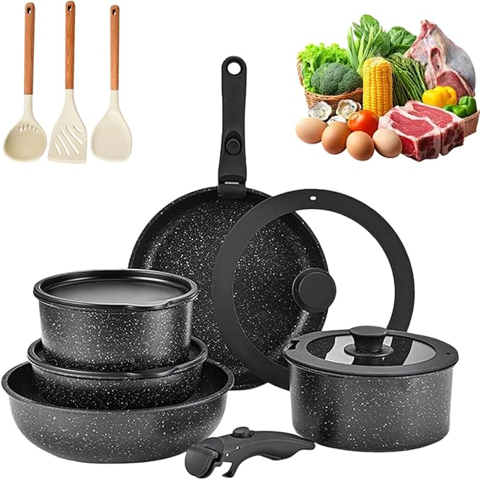 Cookware Set 5/11 Piece Utensils Cookware Set Removable Handle Stackable Nonstick Cooking Set for Kitchen With All Stovetops for Kitchen (Black 11PCS)