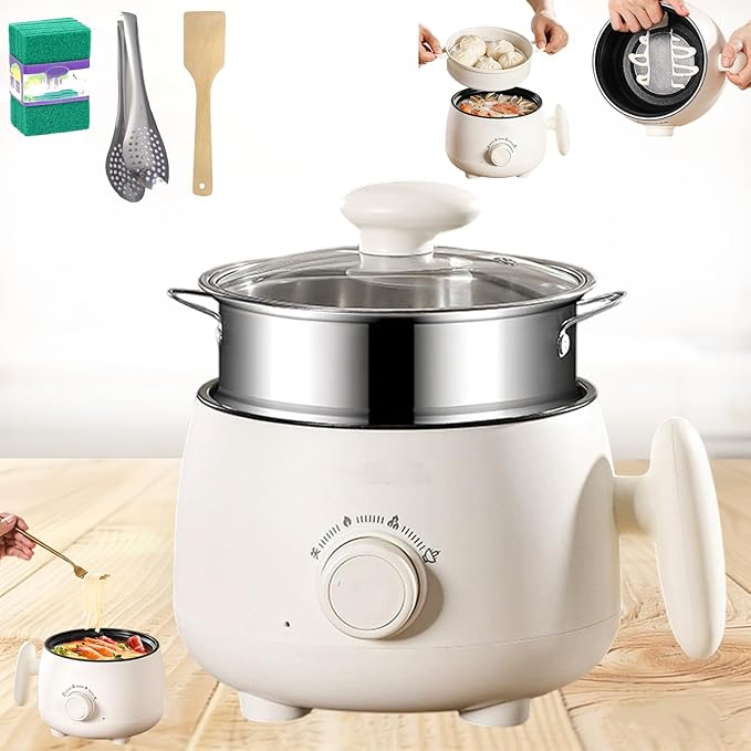 Portable Multifunctional Non-Stick Electric Pot Mini Electric Hot Pot Rice Cooker Non Stick Frying Skillets 3 Heat Settings Steaming Boiling Frying Stir-Frying Dorm Home Travel (With stainless