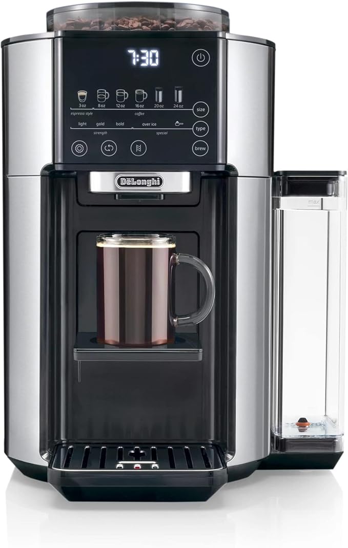 De'Longhi True Brew Drip Coffee Maker Built in Grinder Single Serve 8 oz to 24 oz Hot or Iced Coffee Stainless CAM51025MB