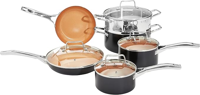 Amazon Basics Ceramic Nonstick Cookware Set Induction Ready Dishwasher &amp Oven Safe Even Heating 10-Piece Set with Frying Pans Saucepans Glass Lids Copper Color
