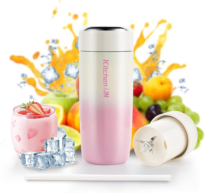 Portable Stainless Steel Blender Cup with 6H Insulated 16oz Design USB-C Rechargeable Personal Fruit Mixer Crushes Small Ice Cubes for Fresh Drinks Travel/Office/Gym – Pink