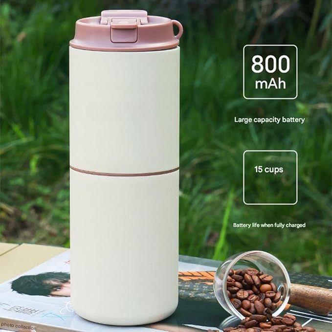 Portable All-in-One Coffee Maker with Grinder —USB-C Rechargeable Cordless Ceramic Burr Low-Heat Grind &amp 5-Stage Grind 250ml Stainless Cup &amp Dual-Layer Filter — Travel Office Camping Dorm