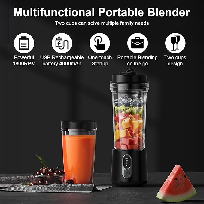 Portable Blender for Smoothies and Shakes 2 Portable Blender Cups 17 &amp10 oz Cordless Personal Small Blender with Straw Brush&ampLid USB-C Rechargeable Quiet Mini Travel Blender Black
