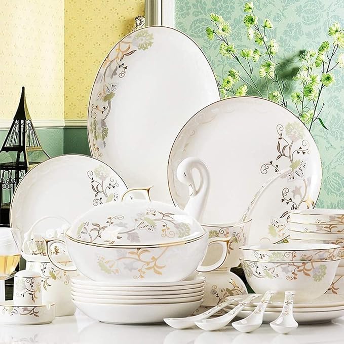 Dinnerware Set Dinner Party Tableware Service Set Ceramics Dinnerware Set with 52-Piece Bowl/Dish/Soup Pot/Spoon|Bone China Dinner Sets Golden Pattern Porcelain Combination