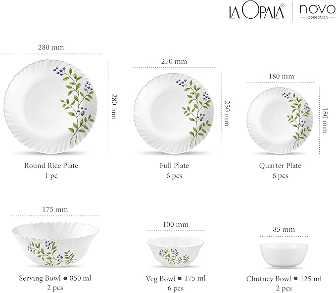 Laopala Opal Glass Novo Lush Green Dinner Set 23 Pcs White