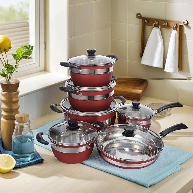 PRETYZOOM 12pcs Stainless Steel Cookware Set with Glass Lids - Induction Kitchen Pots And Pans - Including Fry Pans Saucepans Dutch Oven - Kitchen Essential Cooking Kit
