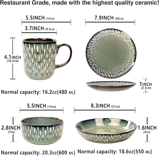 Dinnerware Sets 16 Pieces - Round Reactive Glaze Tableware - Kitchen Dinnerware Porcelain Crockery with Dinner Plate Bowl and Soup Plate Service for 4 Microwave Dishwasher Safe Set No.4