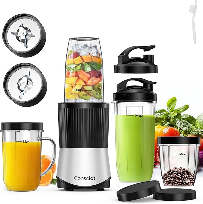 Consciot CB08 16-Piece Blender &amp Grinder Combo for Kitchen and Personal Size Blend Shakes and Smoothies Frozen Drinks Baby Food Spreads &amp More 4 BPA-Free Portable To-Go Cups 900 Peak Wat