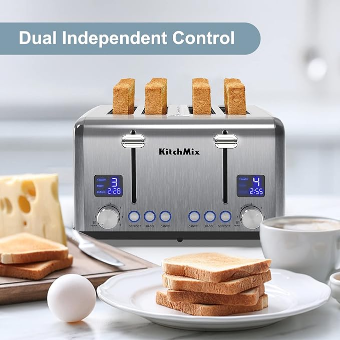 Toaster 4 Slice KitchMix Bagel Stainless Toaster with LCD Timer Extra Wide Slots Dual Screen Removal Crumb Tray (Stinless steel)