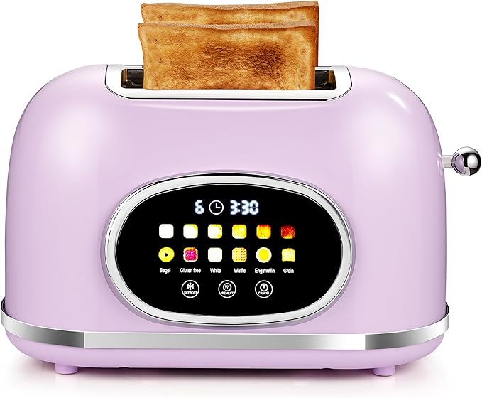 Roter Mond 2 Slice Toaster Smart Touch Screen Retro Stainless Steel Bread Toaster with Digital Timer Sleep Mode Bagel Cancel and Defrost Functions 6 Bread Types and Shade Settings Light Purple