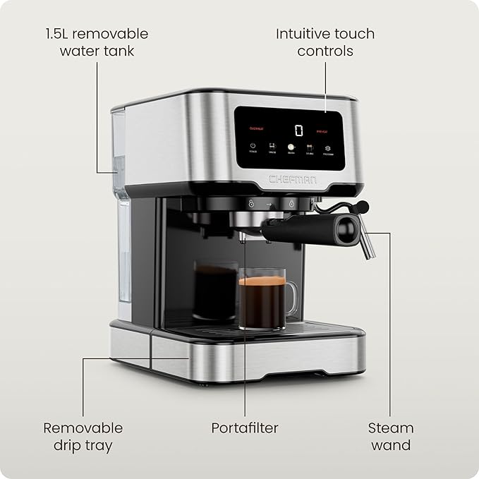 Chefman CraftBrew Espresso Machine 15-Bar Pump Digital Espresso Maker w/Steam Wand for Latte &amp Cappuccino Compact Espresso Coffee Machine w/ 1.5L Removable Water Reservoir - Stainless Steel
