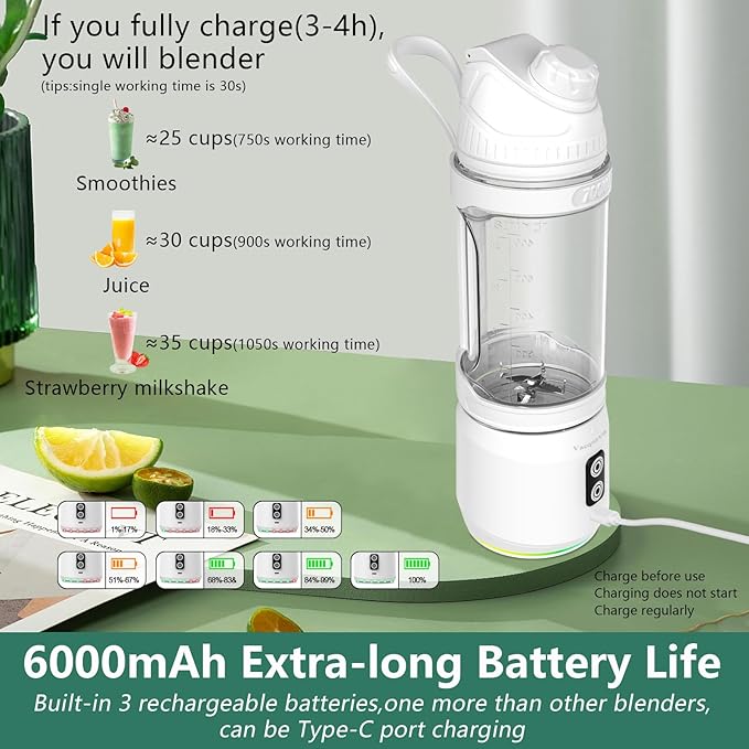 Vaeqozva 700ml Portable BlenderPersonal Blender USB Rechargeable for Shakes and SmoothiesWHITE 98x98x326mm