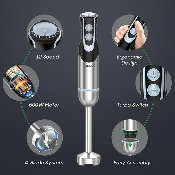 FRESKO Immersion Blender Handheld 4-in-1 Stainless Steel Hand Electric Stick Mixer with 12-Speeds &amp Turbo Mode Powerful 500W Emulsion Blender with Beaker Chopper &amp Whisk