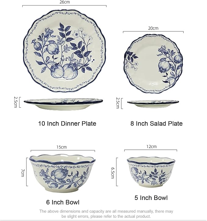 Ceramic BowlSteak Dinner Plate Creative Blue Flower Branches Leaves Vegetable Pattern Bowl Plate Set Tableware Gift Giving Ceramics Dinnerware Set Dishes 4-Pieces Sets