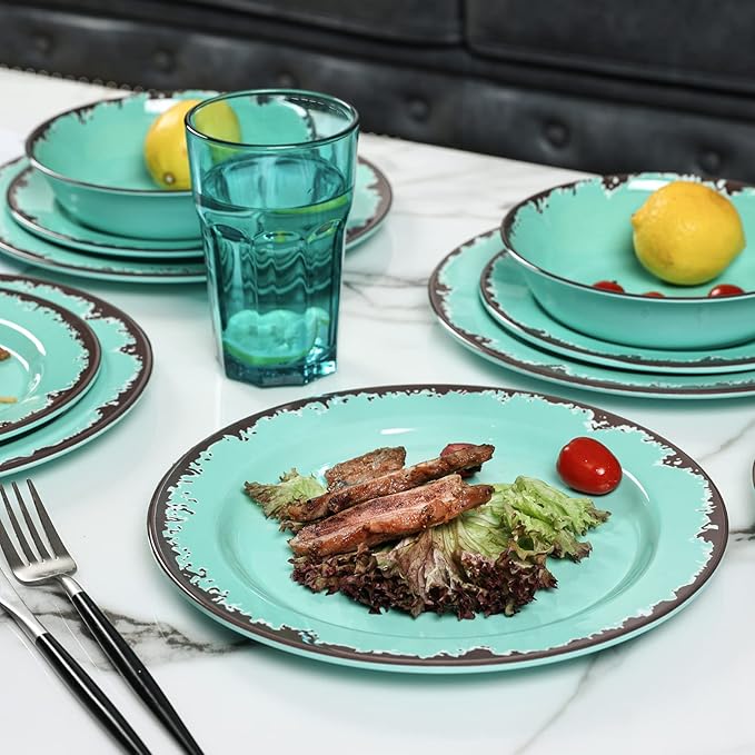 Rustic Melamine Dinnerware Set12-Piece Plates and Bowls SetsYinshine Unbreakable Melamine Dish SetLightweightService for 4Dishwasher SafeGreen