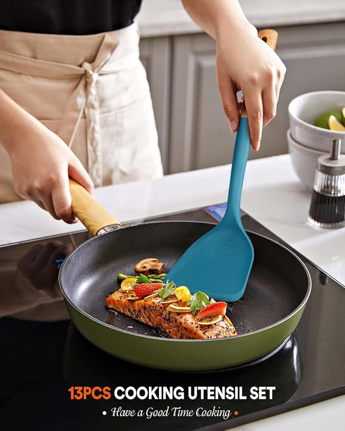 Kitchen Utensils Set 13PCS Silicone Cooking Utensils Heat Resistant Kitchen Utensil Spatula Set for Nonstick Cookware Wooden Handles Kitchen Gadgets Tools Set (BLUE)