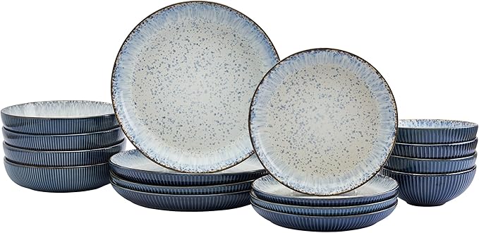Tabletops Gallery Speckled Farmhouse Collection- Stoneware Dishes Service for 4 Dinner Salad Appetizer Dessert Plate Bowls 16 Piece Jura Embossed Dinnerware Set in Smoky Blue