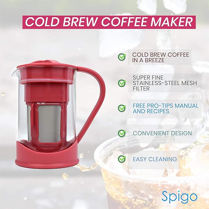 Cold Brew Coffee Maker 1 Liter (4-Cups) Capacity Great for Flavorful Iced Coffee That Stays Fresh Longer Borosilicate Glass Easy Cleaning Fun Ideas and Recipe Booklet 8x5 Inches Red