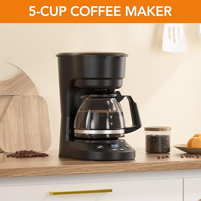 5-Cup Programmable Drip Coffee Maker a compact coffee machine with a digital clock and 24-hour programmable timer featuring Auto Shut-Off and a Removable Filter Basket for Home &amp Office.