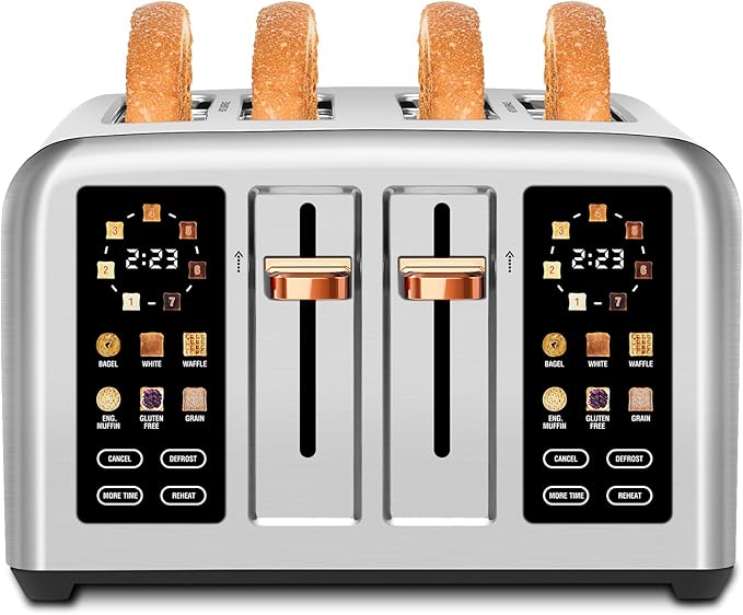 SEEDEEM Toaster 4 Slice Stainless Steel Touch Screen for Dual Control Digital Timer Smart Toaster with 6 Bread Type 7 Shade Setting 1.5''Wide Slot Removable Crumb Tray 1800W Silver Metallic
