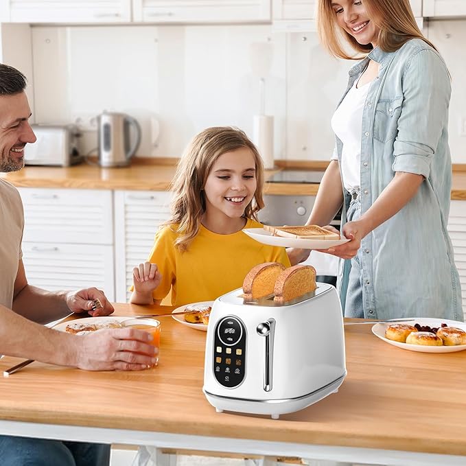 Keenstone Smart Touch Screen Toaster 2 Slice Retro Wide Slot Stainless Steel Toaster with 6 Browning Levels Reheat &amp Defrost for Bagel Toast Bread Removable Crumb Tray White