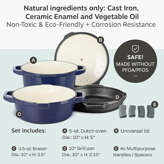 NATIVO 5 pc Stackable Cast Iron Cookware Set Versatile Enamel Dutch Oven Seasoned Grill Pan &amp Enamel Braiser with Precision Pour Spouts Universal Lid Included Spacers/Handle Holders Midnight