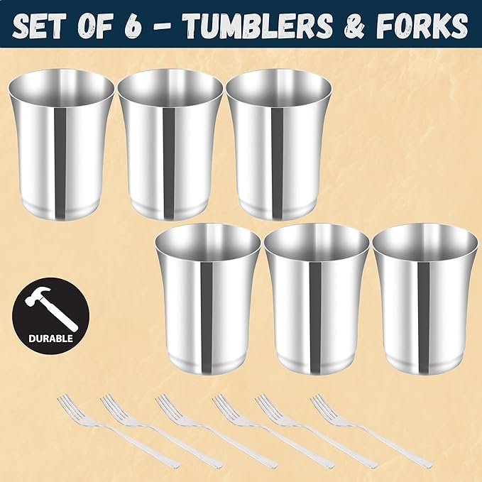 48 Pieces Dinner Set Stainless Steel Dinnerware Set Service for 6 (Full Plates Quarter Dishes Bowls Tumblers) Metal Reusable set for Home Kitchen Camping Dishwasher Safe
