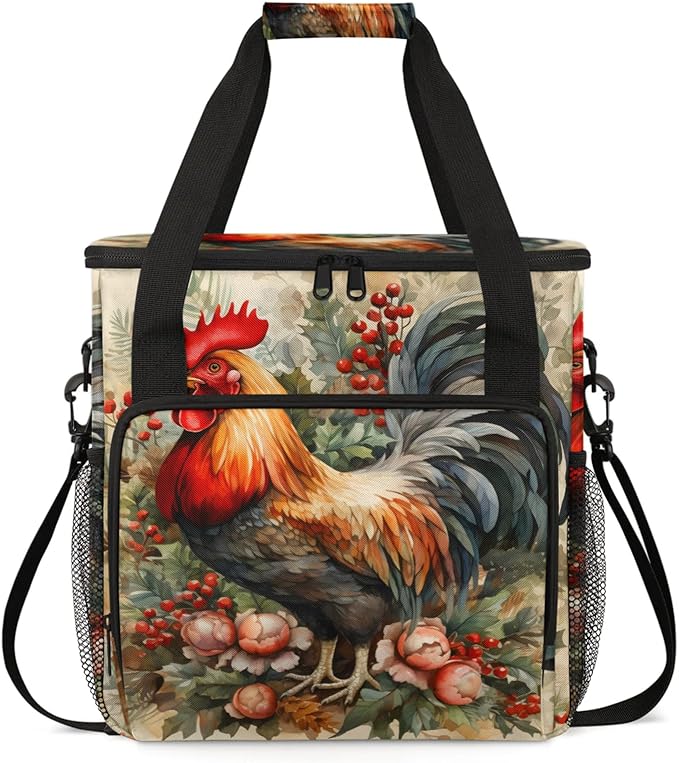 Farmhouse Rooster Coffee Maker Travel Bag for Keurig K-Mini/K-Mini Plus Insulated Waterproof Tote with Pockets for K-Cup Portable Single-Serve Brewer Case
