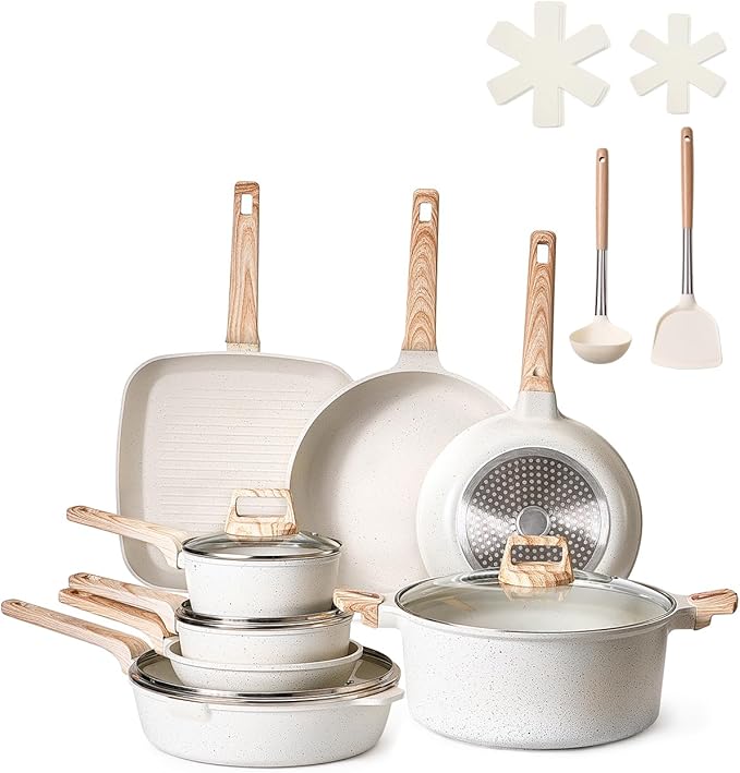 VEVOR 19 Piece Pots and Pans Set Nonstick Granite Cookware Set Induction Cookwares Kitchen RV Cooking Sets with Frying Sauce Saute Tempered Glass Lids and Pan Protectors White