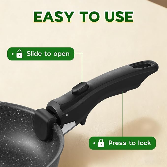 Walchoice 5Pcs Pots and Pans Set Granite Nonstick Cookware Set with Detachable Handle Stackable Kitchen Cooking Set with Saucepan Frying Pans Induction Compatible &amp Oven Safe - Black