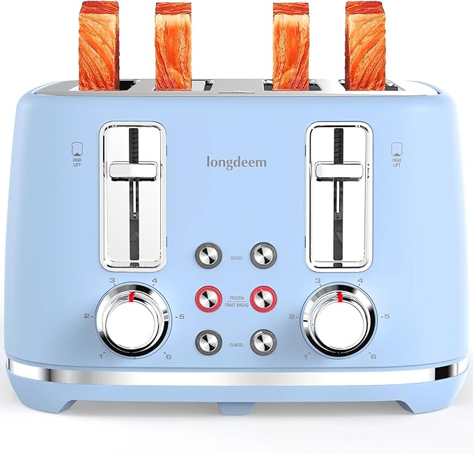 LONGDEEM 4 Slice Countertop Toaster 1.6” Extra Wide Slots for Artisan Bread/Bagels 6 Browning Settings