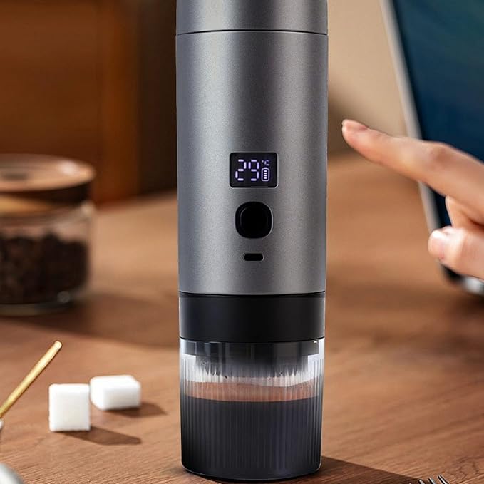 Zerodis Portable Coffee Machine 3 in 1 Rechargeable Coffee Maker with Spoon 200ml Fast Heating Temp Digital Display Fine Mesh Filter Cold Hot Extraction for Camping Office
