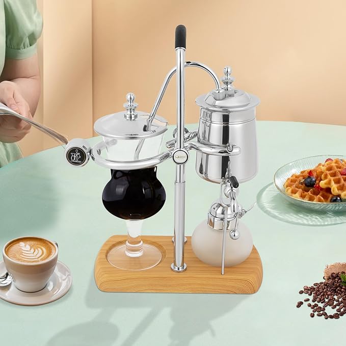 Coffee Maker Vacuum Brewing System Coffee Pot Vintage Silver Siphon Coffee Pot Coffee Maker with Elegant Double Ridge Stand and Tee Handle 13.53 oz (Silver)