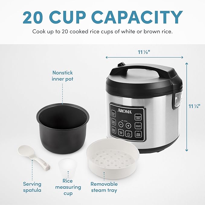 Aroma Housewares 20 Cup Cooked (10 cup uncooked) Digital Rice Cooker Slow Cooker Food Steamer SS Exterior (ARC-150SB)Black