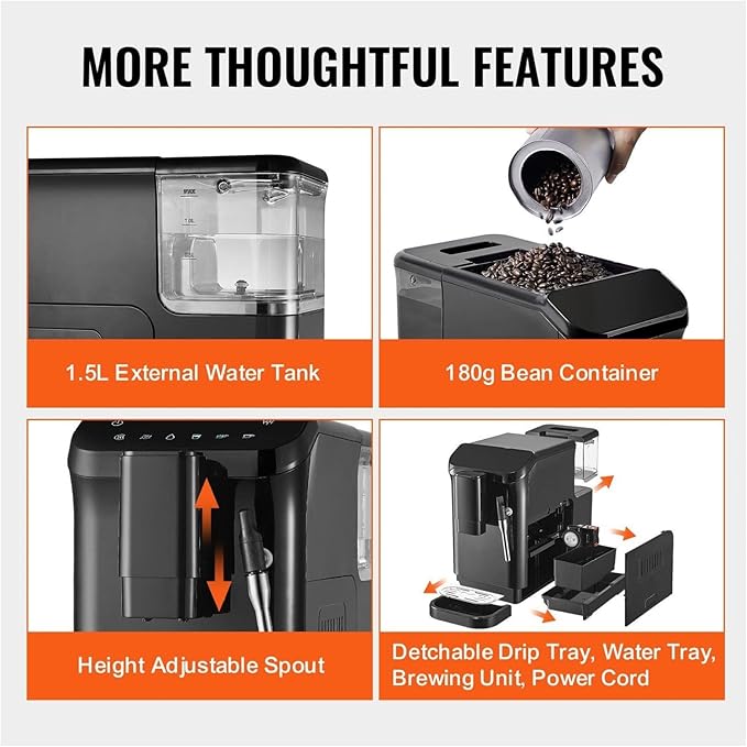Espresso Machine 20 Bar with Grinder &amp Frother 15 Grind Settings Automatic Coffee Maker for Espresso Cappuccino Latte