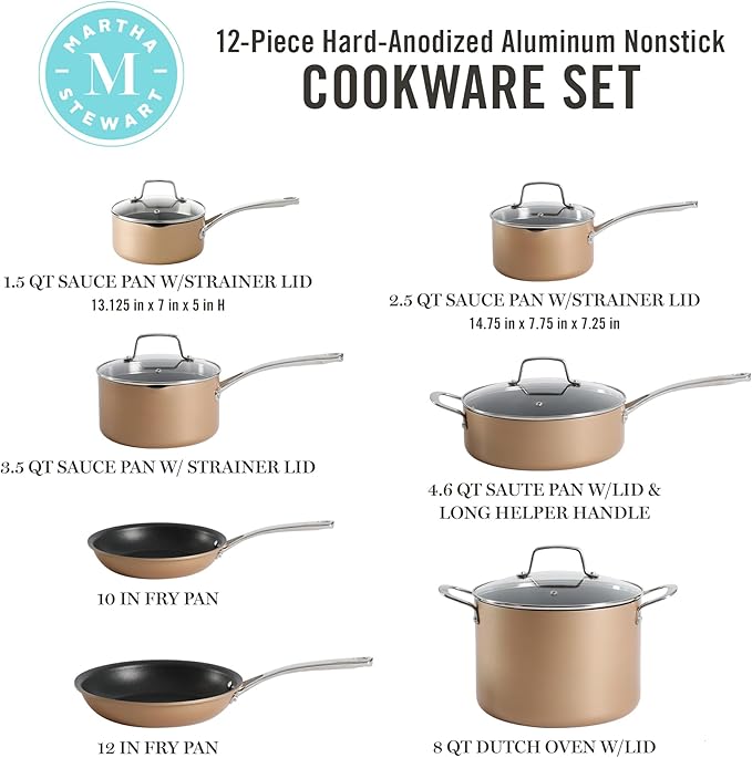 Martha Stewart 12 Piece Heavy Gauge Aluminum Hard Anodized Premium Nonstick Cookware Set Induction Safe Copper w/Black Interior