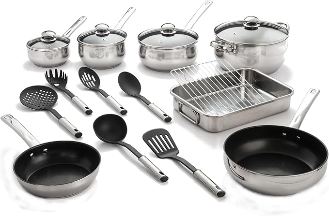 18 Piece 18/10 Belly Shaped Cookware Set w/ Encapsulated Base &amp Nonstick coating