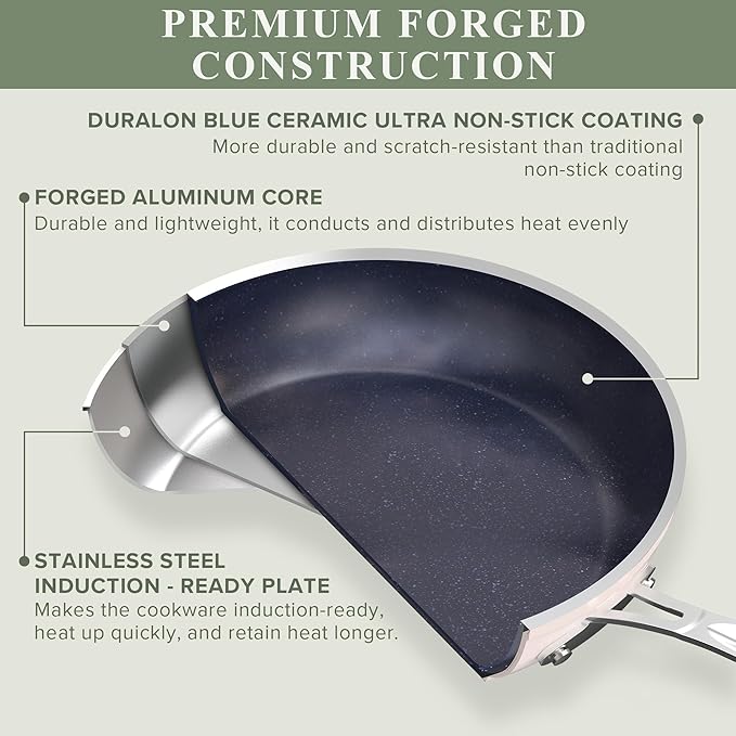 Nuwave Healthy Duralon Blue Ceramic Nonstick Cookware Set Diamond Infused Scratch-Resistant PFAS Free Dishwasher &amp Oven Safe Induction Ready &amp Evenly Heats Tempered Glass Lids &amp Stay-